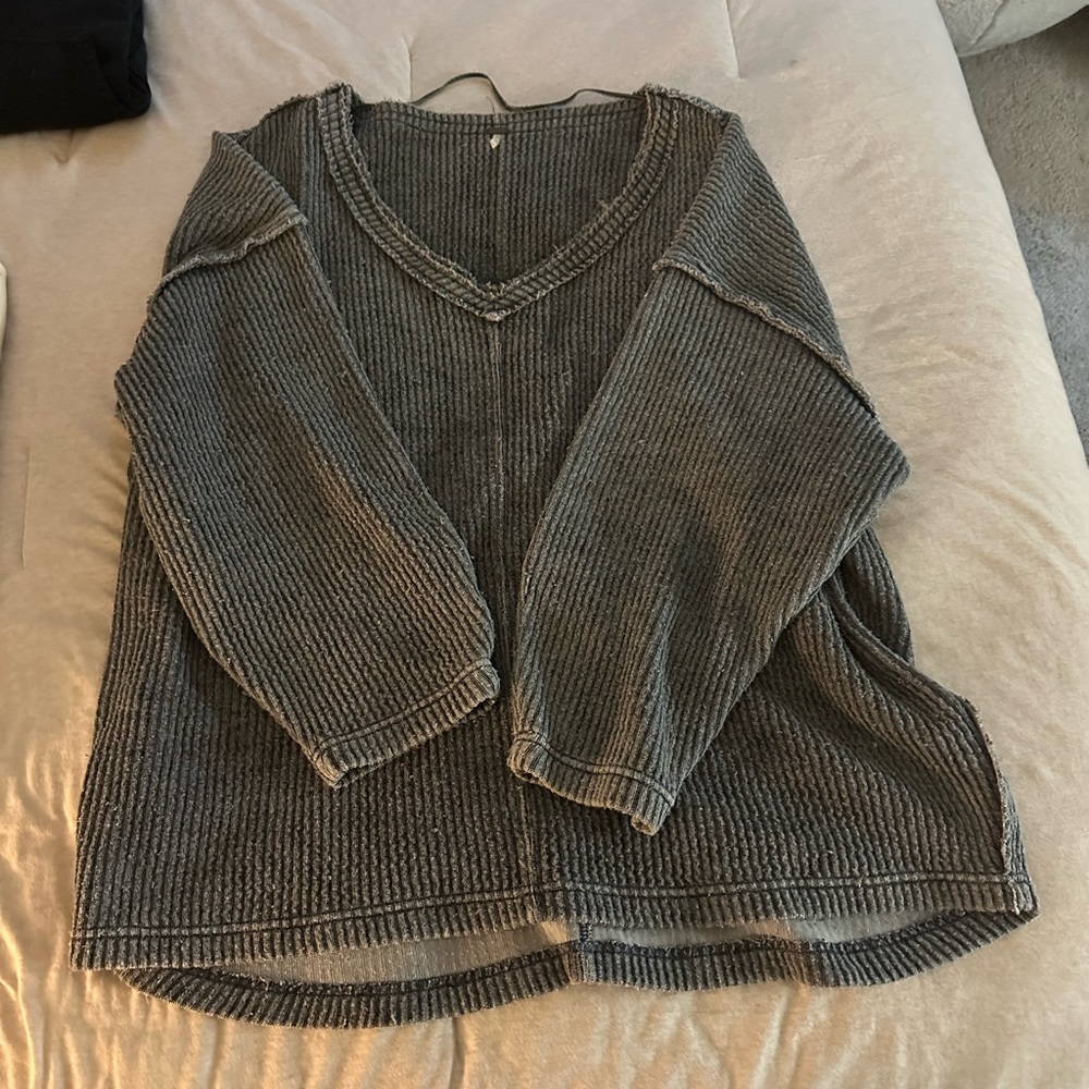 Gray Free People V-Neck Oversized Sweater